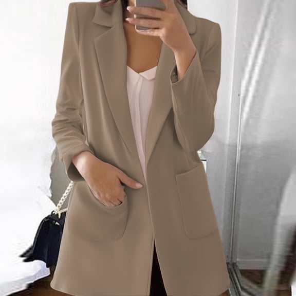 Elegant Women's Open Front Collarless Long Sleeve Business Suit Jacket for Outdoor Casual Wear