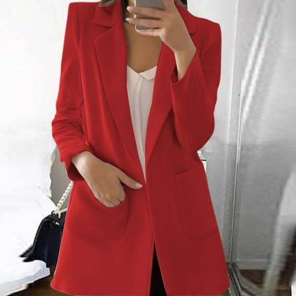 Elegant Women's Open Front Collarless Long Sleeve Business Suit Jacket for Outdoor Casual Wear