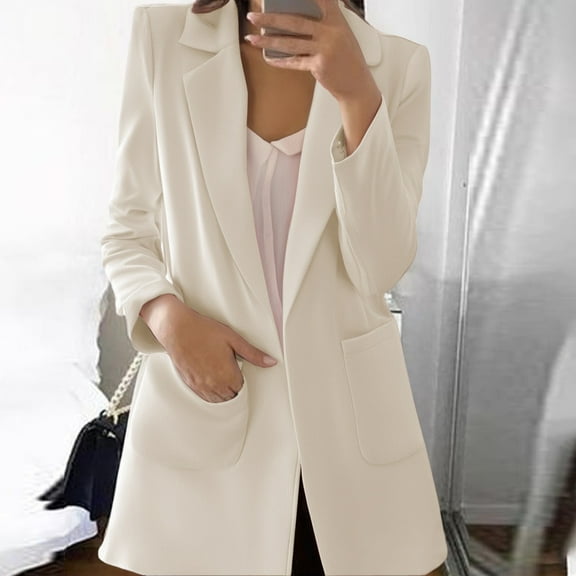 Elegant Women's Open Front Collarless Long Sleeve Business Suit Jacket for Outdoor Casual Wear