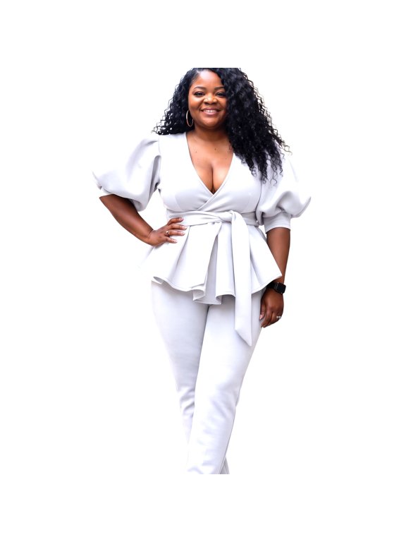 Elegant Women's Plus Size Puff Sleeve Legging Set
