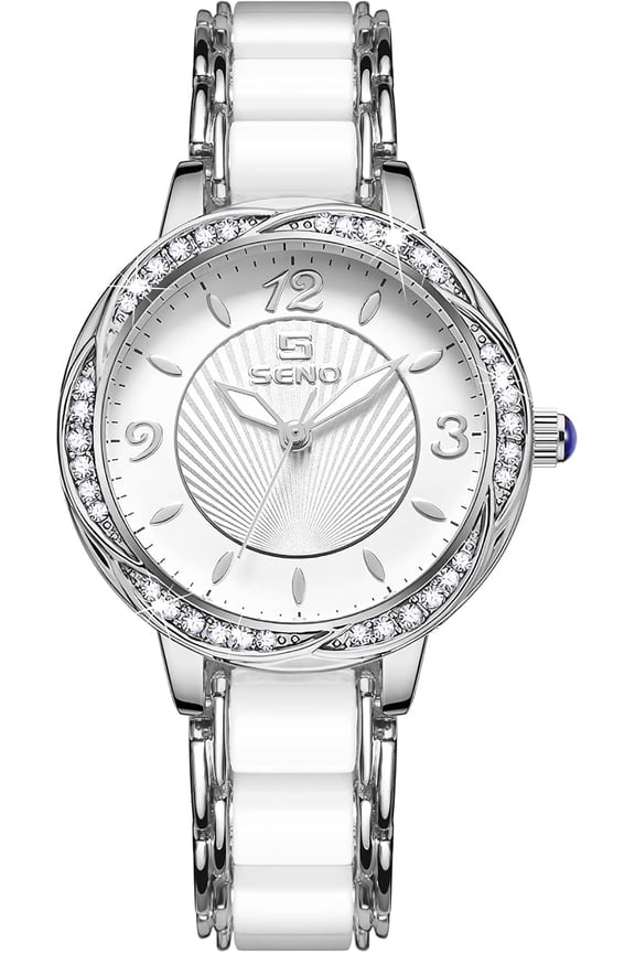 Elegant Women's Quartz Watch Diamond Bezel White Ceramic Ladies Dress Bracelet Waterproof Casual Watches Gift for Women (X Silver)