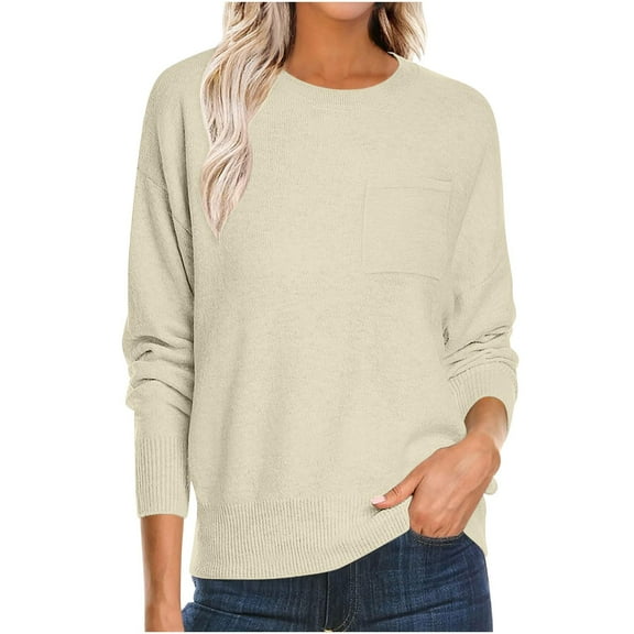 Elegant Women’s Round Neck Pullover Knit Sweater, Solid Color Long Sleeve Casual Top, Soft Lightweight Knitwear Beige