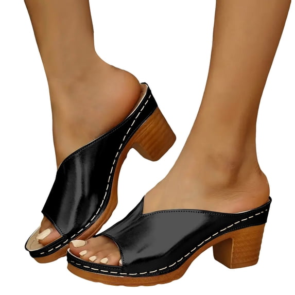 Elegant Women's Round Toe Chunky Block Heel Sandals Slip On Slides Wide Width for Wedding Party Prom Summer Casual Dress Shoes(Black,Size 8.5)
