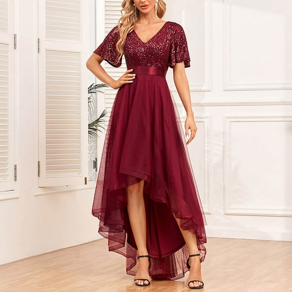 Elegant Women's Ruffled Sheer Patchwork Evening Dress with Sequin Detailing for Wedding Guest Cocktail Party Long Sleeve Polyester Spandex Zipper Closure