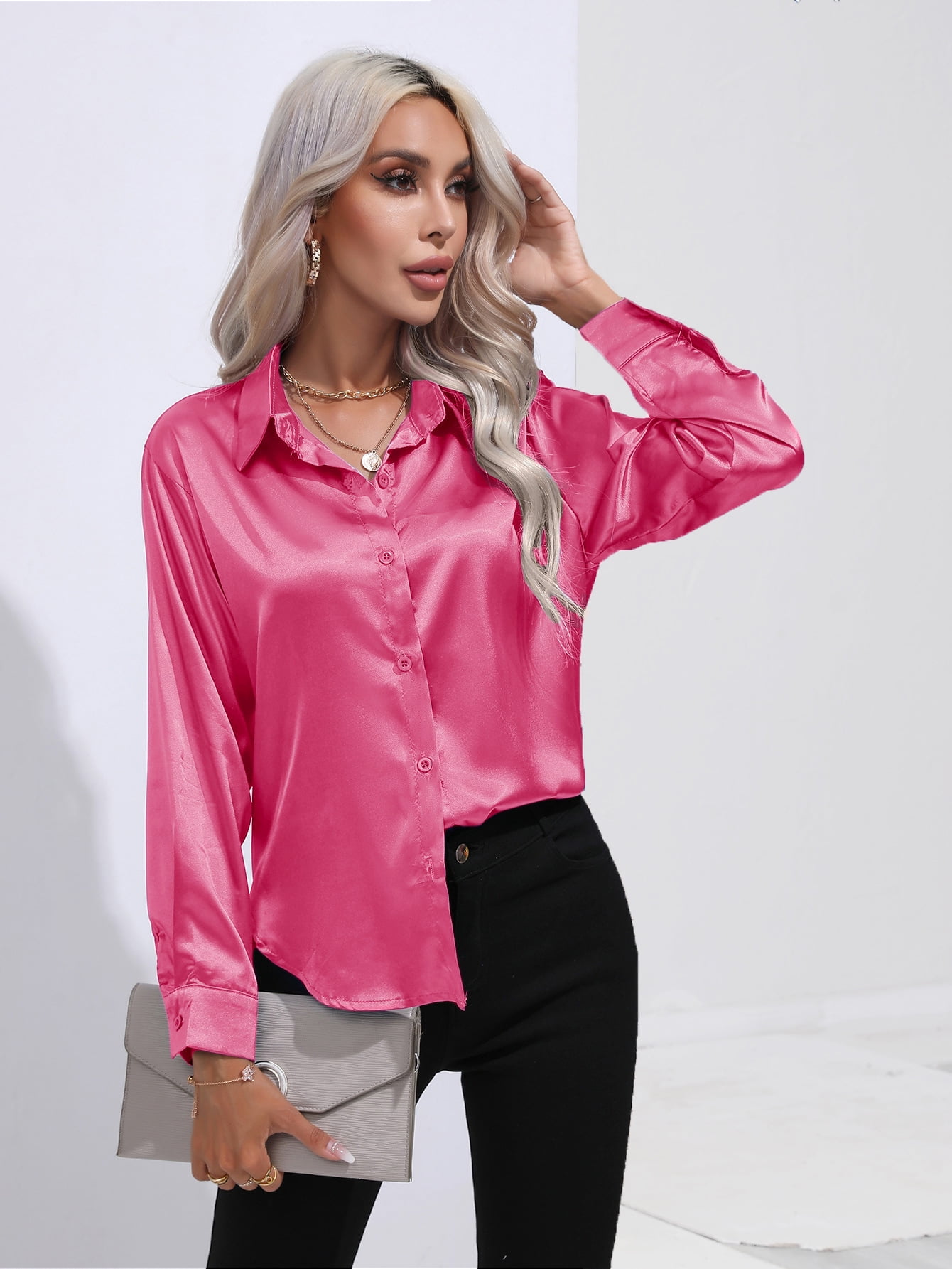 Women's buy Blouse Elegant Solid Lapel Button Long Sleeve Fashion Fall Winter Blouse