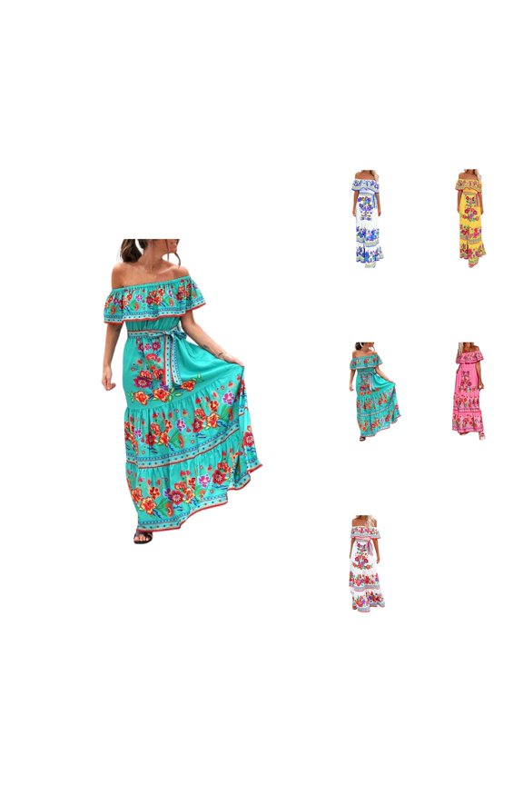 Elegant Women's Off Shoulder Red Floral Print Maxi Swing Dress, Halter Bohemian Design with Oblique Shoulder & Strapless Silhouette, Perfect for Beach, Party, or Sundress Occasions