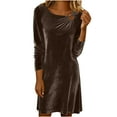 thumbnail image 1 of Elegant Women's Solid Color Gold Velvet Dress Long Sleeve Round Neck Pleated Detail Classic Formal Casual Daily Party Winter Fall Fashion Wear Brown XXL, 1 of 8