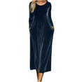 thumbnail image 1 of Elegant Women's Solid Color Gold Velvet Dress Winter Long Sleeve Round Neck Flowy Maxi Skirt Pockets Formal Casual Daily Party Fashion Wear Navy XXL, 1 of 6