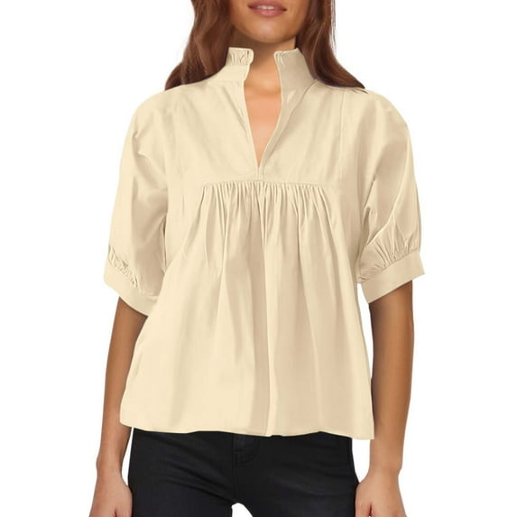 Elegant Women's Solid Color Neck Short Puff Sleeve Pleated Blouse Top