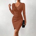 thumbnail image 1 of Elegant Women's Solid Color V-Neck Bodycon Dress - Long Sleeve Slim Fit Party Dress For FallSpring, 1 of 11