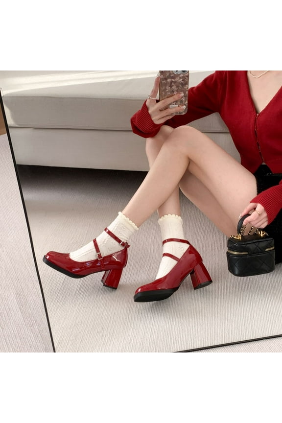 Elegant Women's Square Toe Mary Jane Pumps, High Chunky Heel, Red/Black
