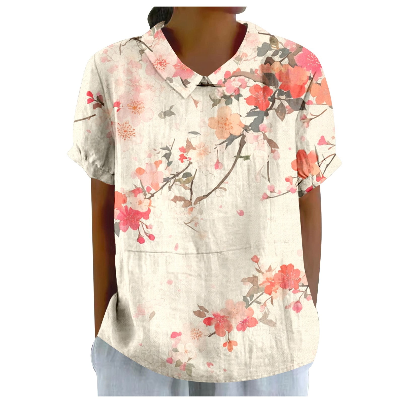 Elegant Women's Summer Floral Print Loose T Shirt With Collar Retro ...