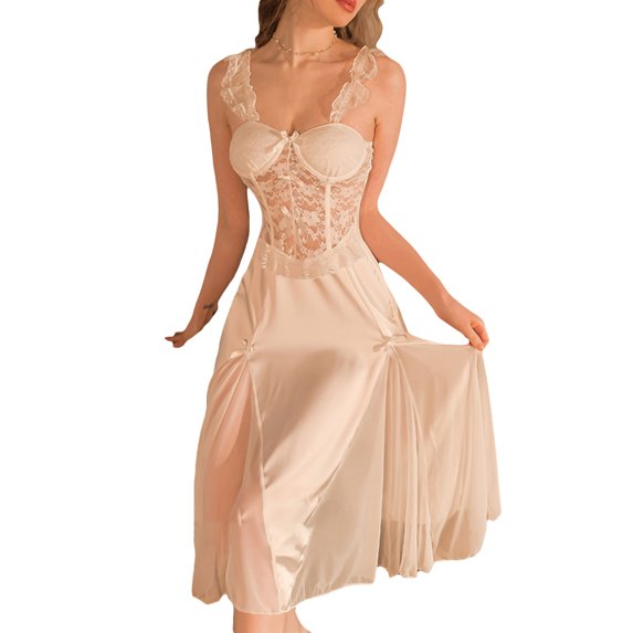 Elegant Women's Summer Silk Slip Sleepwear Dress Sleeveless Backless V Neck Nightgown Sheer Lace Floral Nightdress Nightgown
