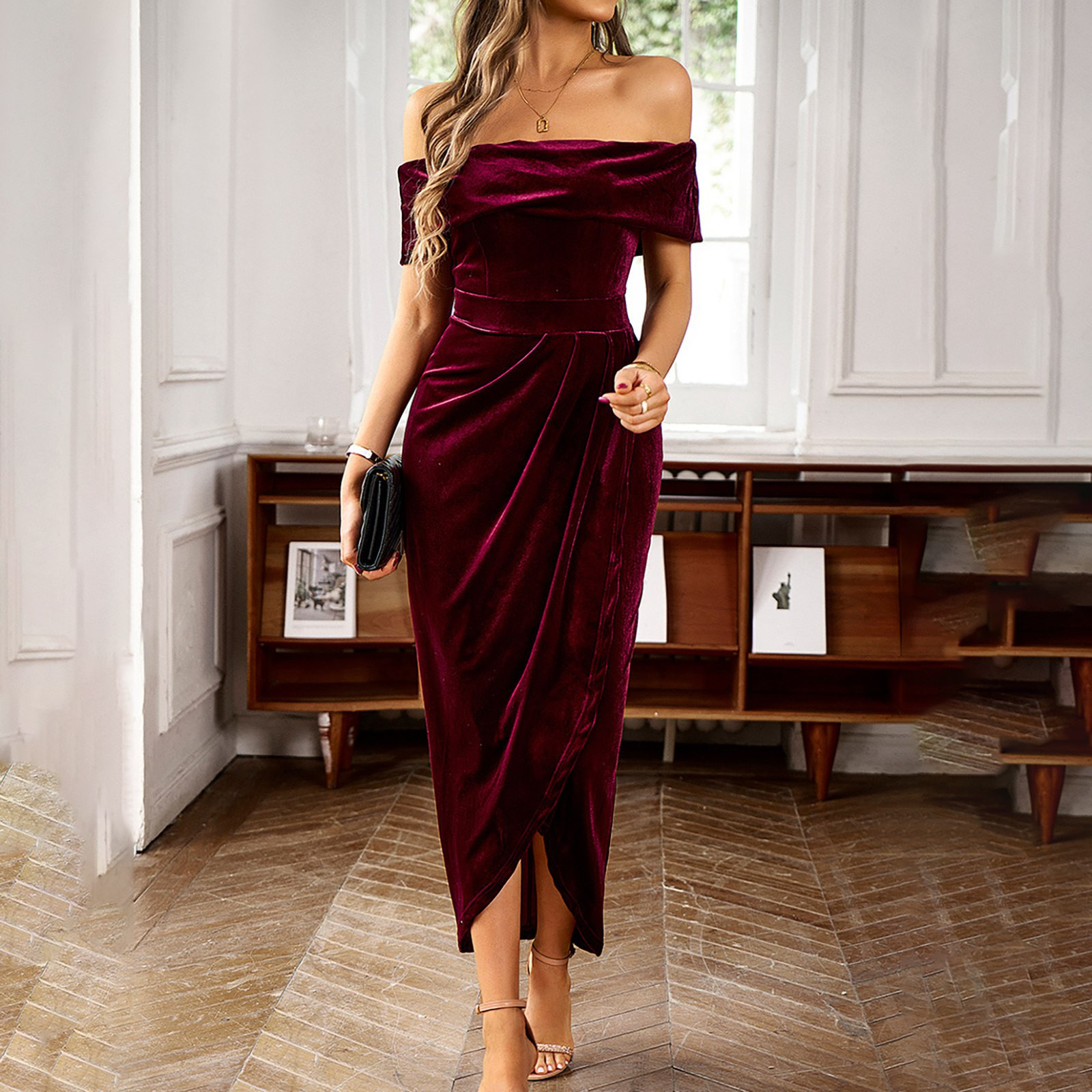 Elegant Women s Velvet Long Dress With Off Shoulder Design Ideal For 