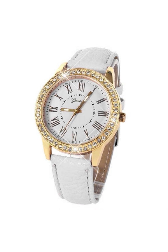 Elegant Women's Watch, Bling Gold Roman Numeral Dial Quartz Watch with White Leather Strap, Alloy Fashion Wristwatch for Women, Gift Idea (5cm/1.97in Case)
