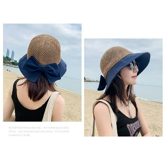 Women’s Elegant Wide Brim Sun Hat, Floppy Straw Beach Hat, Packable Summer Travel Hat for Vacation, Pool and Outdoor Wear Dark Blue TIKA