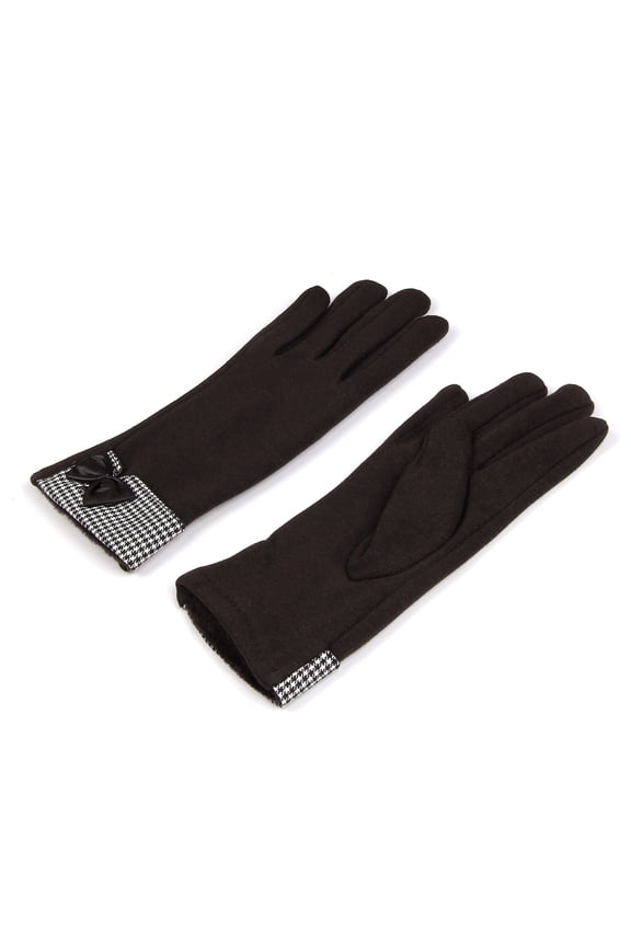 Elegant Women's Winter Thermal Gloves with Bow & Houndstooth Trim