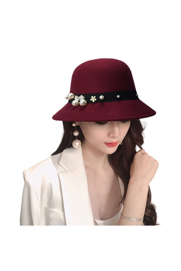 Elegant Women's Woolen Cloche Hat with Pearl and Floral Embellishments - Great for Weddings and Parties Wine