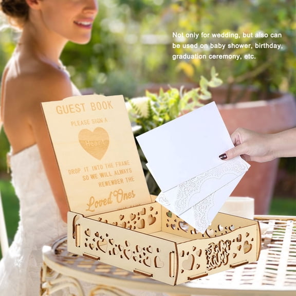 Elegant Wood Guest Book Box, Heart Design For Weddings Events, Holds Cards Messages