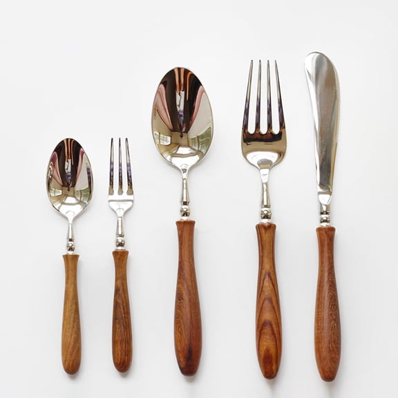 Elegant Wood Handle Silverware Set - 5 pcs Premium PearWood Handle & 304 Stainless Steel Flatware Set for 1 - Wood Cutlery Set Perfect for Home Kitchen Dining & Special Occasions