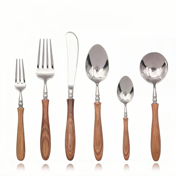 Elegant Wood Handle Silverware Set - 5 pcs Premium PearWood Handle & 304 Stainless Steel Flatware Set for 1 - Wood Cutlery Set Perfect for Home Kitchen Dining & Special Occasions