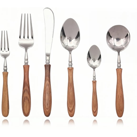 Elegant Wood Handle Silverware Set - Premium PearWood Handle & 304 Stainless Steel Flatware Set for 1 - Wood Cutlery Set Perfect for Home Kitchen Dining & Special Occasions (1 Set-6 Piece)