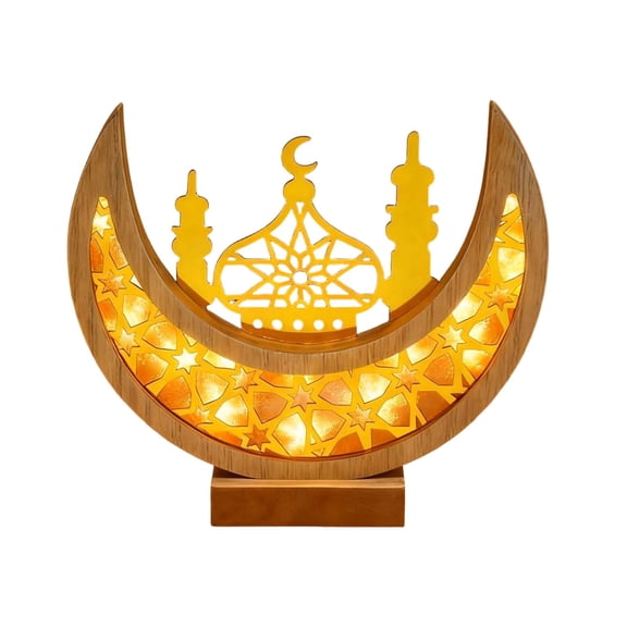 Elegant Wooden Moon Shaped Desktop Sculpture with Warm LED Lighting and Natural Grain Finish for Cozy Home Ambience and Modern Interior Design Khaki