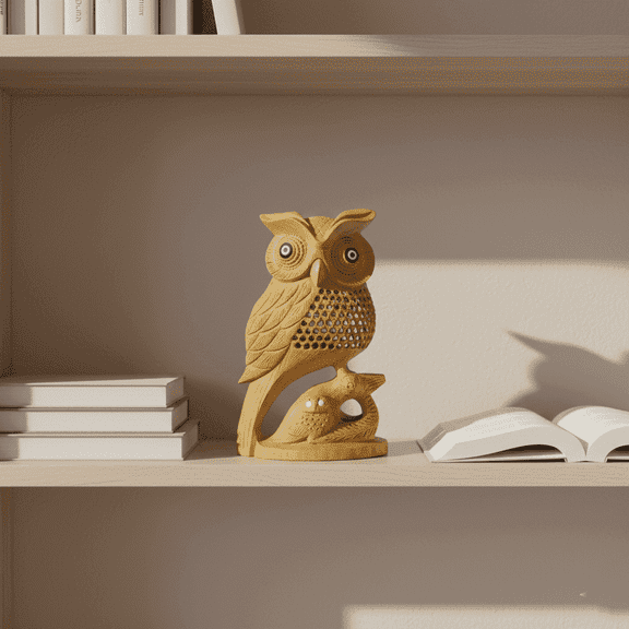NATRIEL Elegant Owl Sculpture - Lifelike Carving with Intricate Feather Patterns Decorative Showpiece (Wood, Wooden Special Side Face Jali Owl 8")