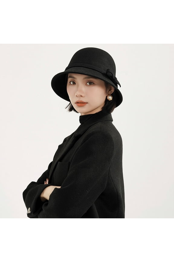 Elegant Wool Bucket Hat with Bow for Women – Winter French Vintage Cloche Cap