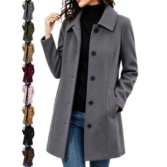 Elegant Wool Coat for Women Notch Lapel Long Sleeve Button Front Mid Length Casual Outerwear