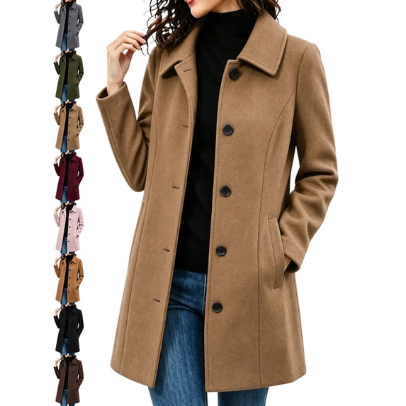 Elegant Wool Coat for Women Notch Lapel Long Sleeve Button Front Mid Length Casual Outerwear