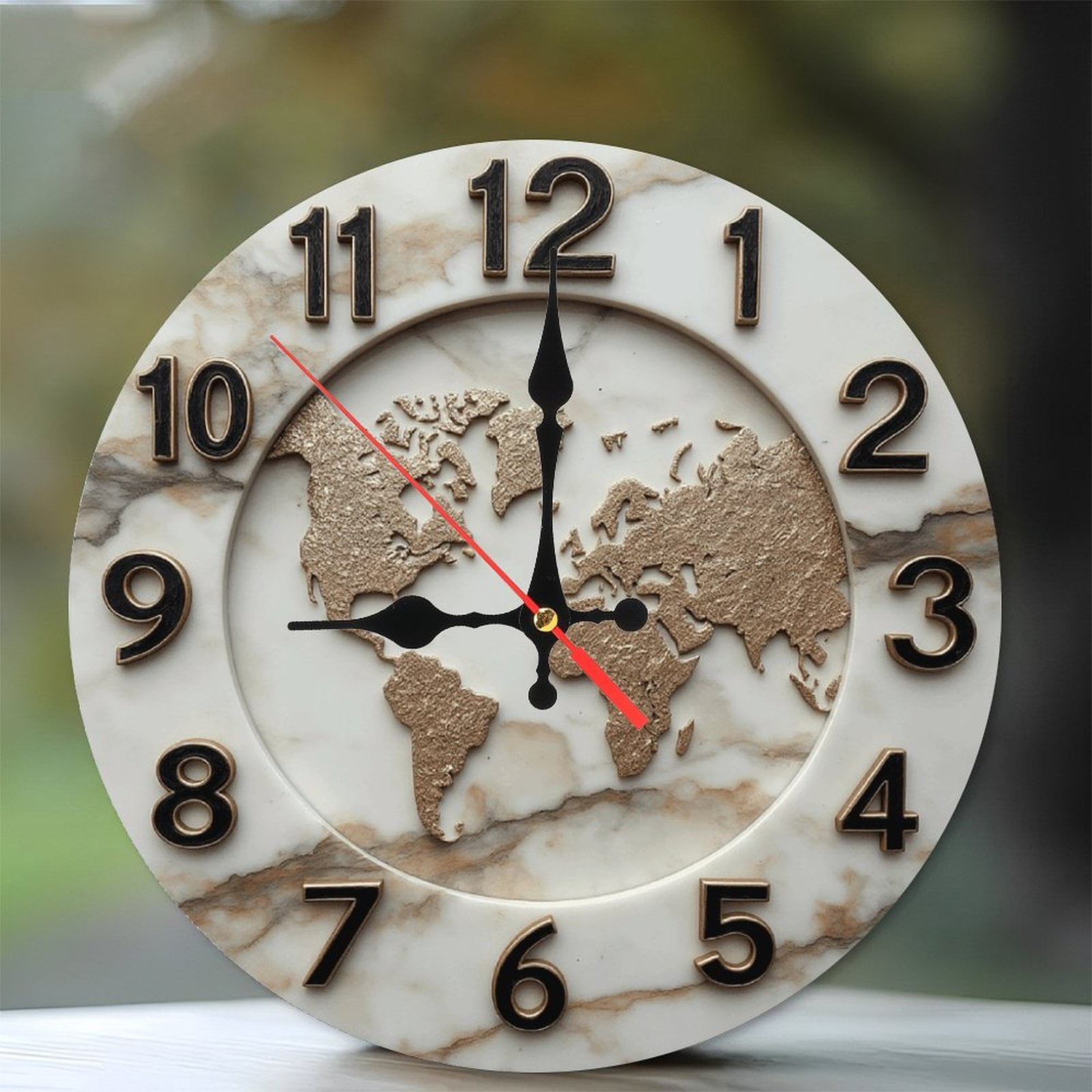 Elegant World Map Marble Wall Clock Decor 10-Inch Silent Wooden Wall ...