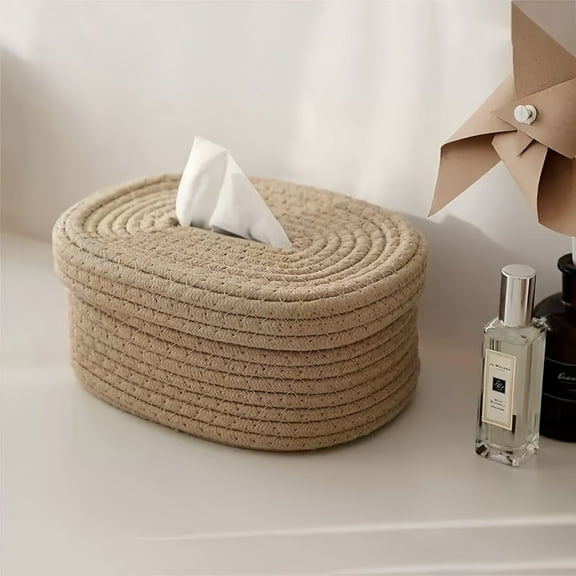 Elegant Woven Canvas Rope Tissue Box Dispenser & Storage Basket - Perfect for Napkins, Wipes, Masks | Ideal for Bedroom, Living Room, Office Decor | Thanksgiving Holiday Gift, 1pc