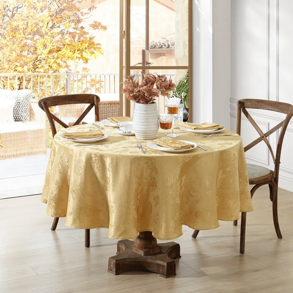 Elrene Home Fashions Elegant Woven Leaves Jacquard Damask Tablecloth, Gold, 70" Round