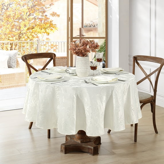 Elrene Home Fashions Elegant Woven Leaves Jacquard Damask Tablecloth, Ivory, 70" Round