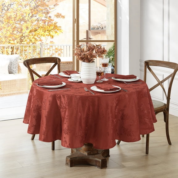 Threadmade Elegant Woven Leaves Jacquard Damask Tablecloth, Spice - 70"W x 70"L Round