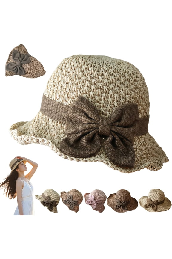 Elegant Woven Straw Sun Hat with Bow Womens Straw Hat Foldable Wide Brim Floppy Beach Hat for Women Crochet Hats for Women