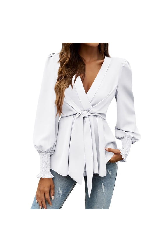 Elegant Wrap Blouse for Women Solid V Neck Work Shirts Tie Front Long Sleeve Tops Blouse Fashion Peplum Tops
