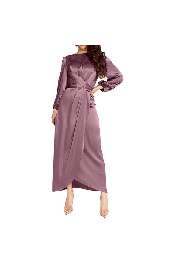 Elegant Wrap Front Wedding Guest Dresses for Women Fall Long Sleeve High Waist Maxi Dress Solid Crewneck Evening Dress