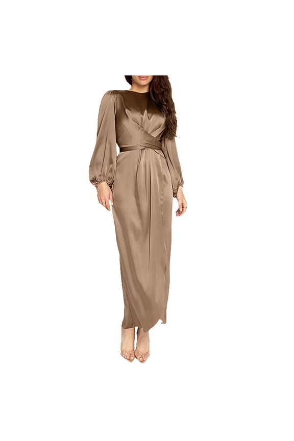 Elegant Wrap Front Wedding Guest Dresses for Women Fall Long Sleeve High Waist Maxi Dress Solid Crewneck Evening Dress