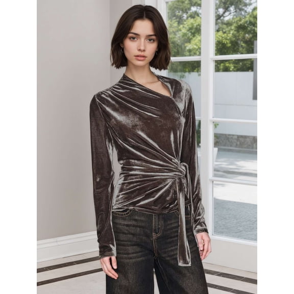 Elegant Wrap Top with Tie Detail (M, Brown)