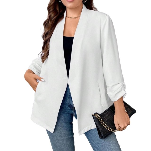 Elegant WristLength Sleeve White Plus Size Blazers (Women's)