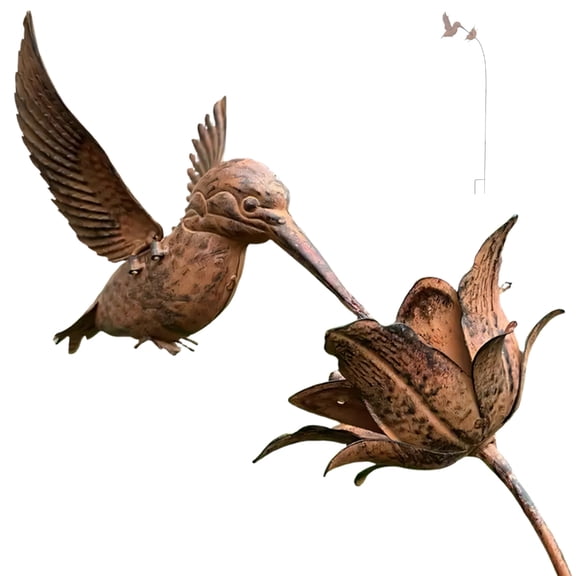 Elegant Wrought Iron Hummingbird Sculpture Stake for Flower Bed and Landscape