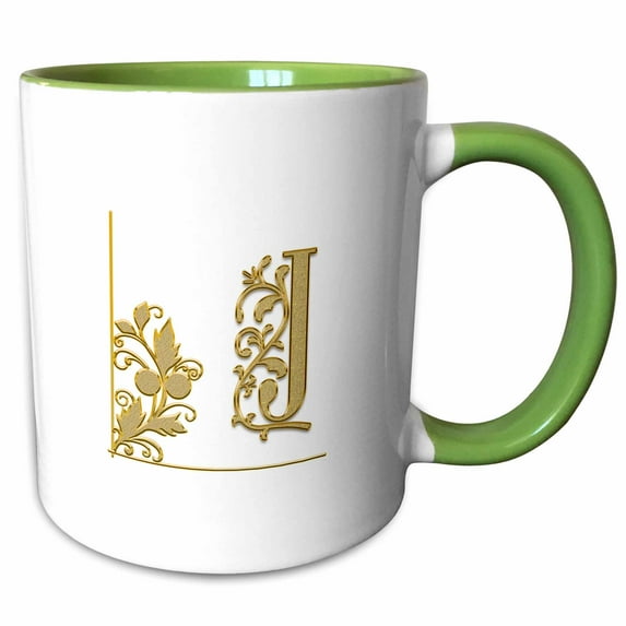 3drose, Elegant Yellow Floral Ornament Monogram. Superb Initial J, 11oz Two-tone Green Mug