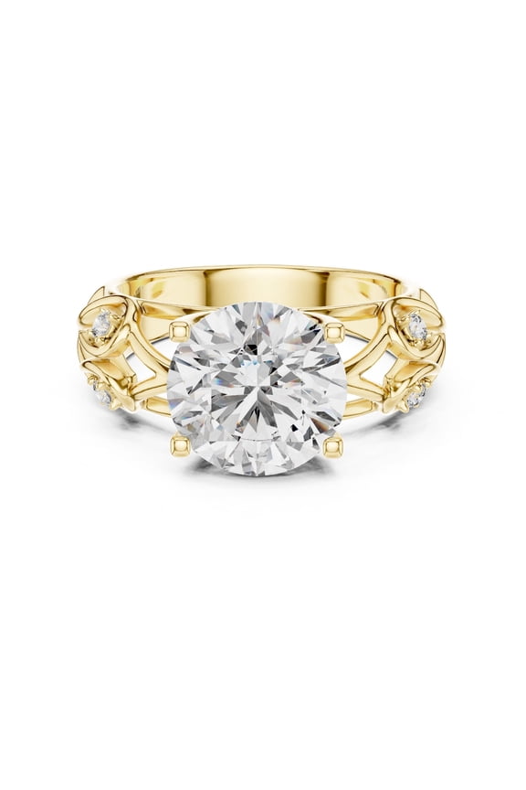 Elegant Yellow Gold-Tone Round Cut Solitaire Engagement Ring with Vine-Inspired Band and Accent Stones for Women, Sizes 5