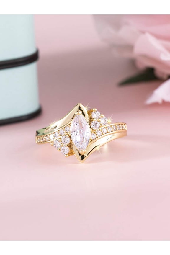 Elegant Yellow Gold Tone Womens Ring With Marquise Cubic Zirconia And Pave Accents
