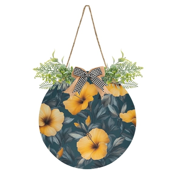 Elegant Yellow Hibiscus Flowers Front Door Porch Decoration Hanging Sign with Artificial Green Plants and Bow for Home Outdoor Indoor
