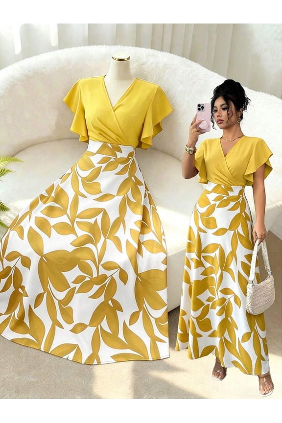 Elegant Yellow Leaf Pattern Wrap Cap Sleeve Fitted Maxi Dress For Women Spring Summer