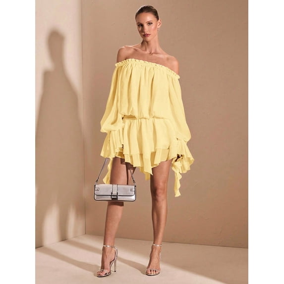 Elegant Yellow Off Shoulder Ruffle Mini Dress With Puff Sleeves And Asymmetric Hem