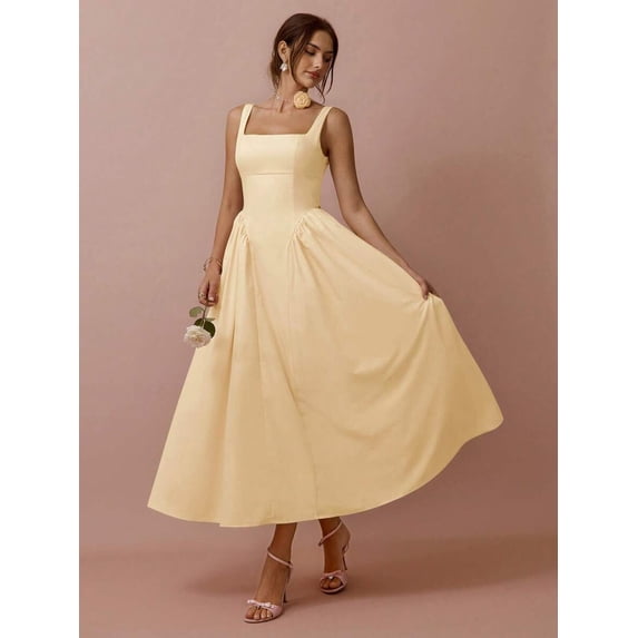 Elegant Yellow Sleeveless Square Neck A-Line Midi Dress With Ruched Waist